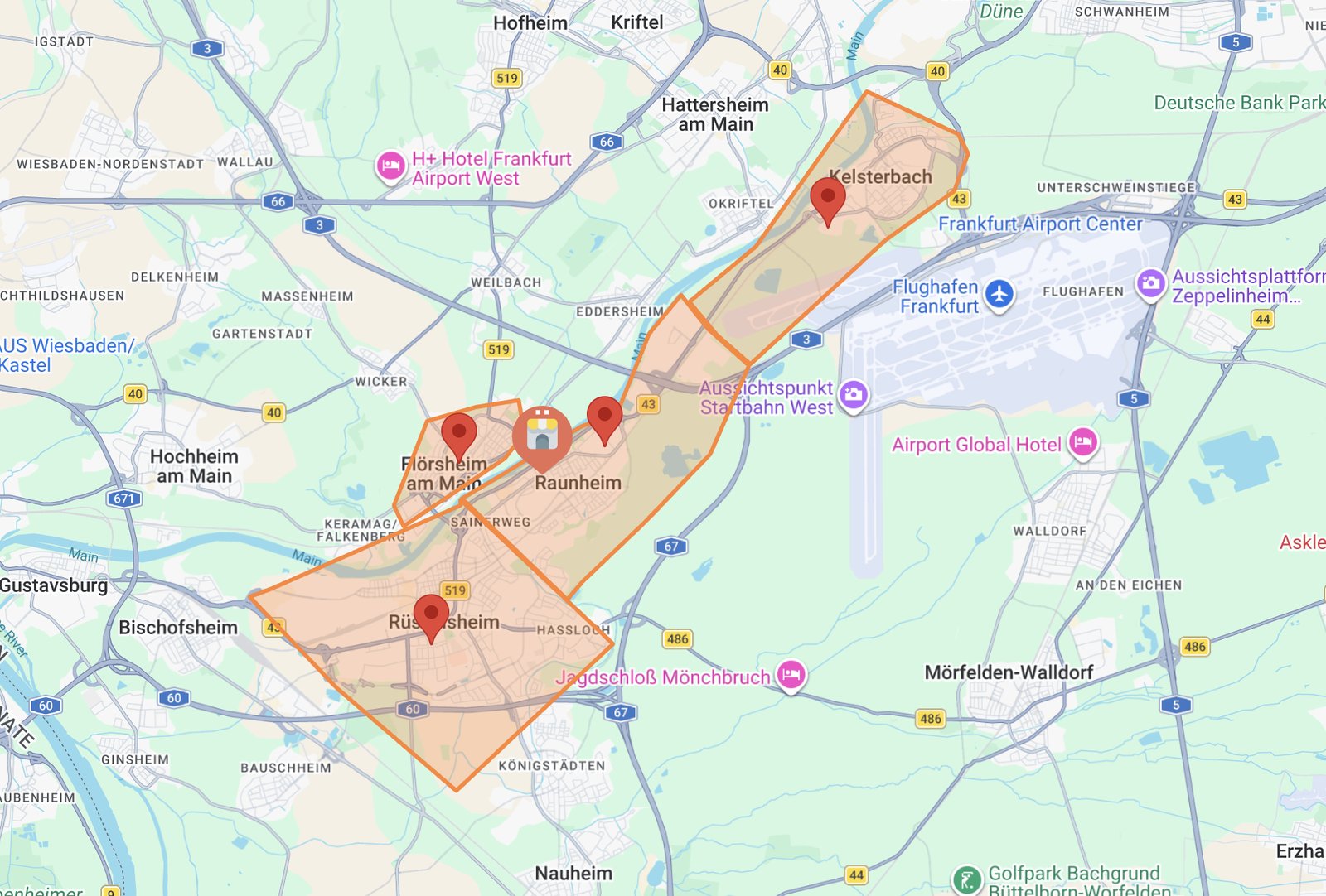 Karte des Liefergebiets des Antep Kebap House Raunheim: Raunheim, Rüsselsheim am Main, Flörsheim am Main und Kelsterbach